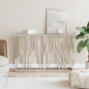 Console Table Silver Stainless Steel, Tempered Glass One Size A949-350025 Console Table Silver Stainless Steel, Tempered Glass One Size A949-350025