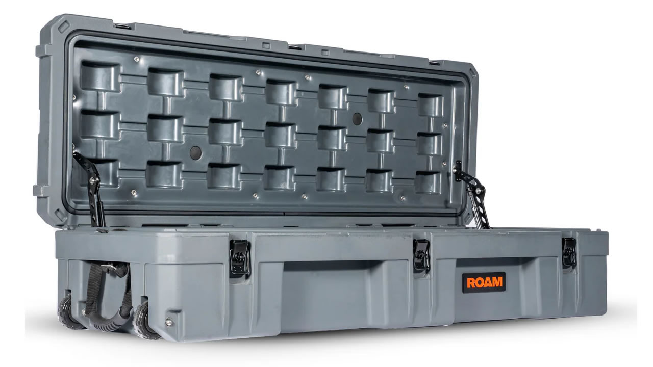 Open Slate Gray ROAM 128L Rolling Rugged Case showing the storage interior