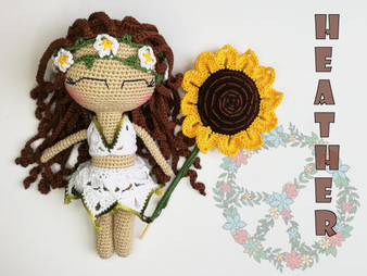 Hippie doll crochet pattern with sunflower for amigurumi lovers.