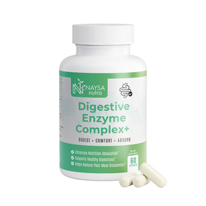 digestive enzyme complex+ in white bottle, white plant-based capsules