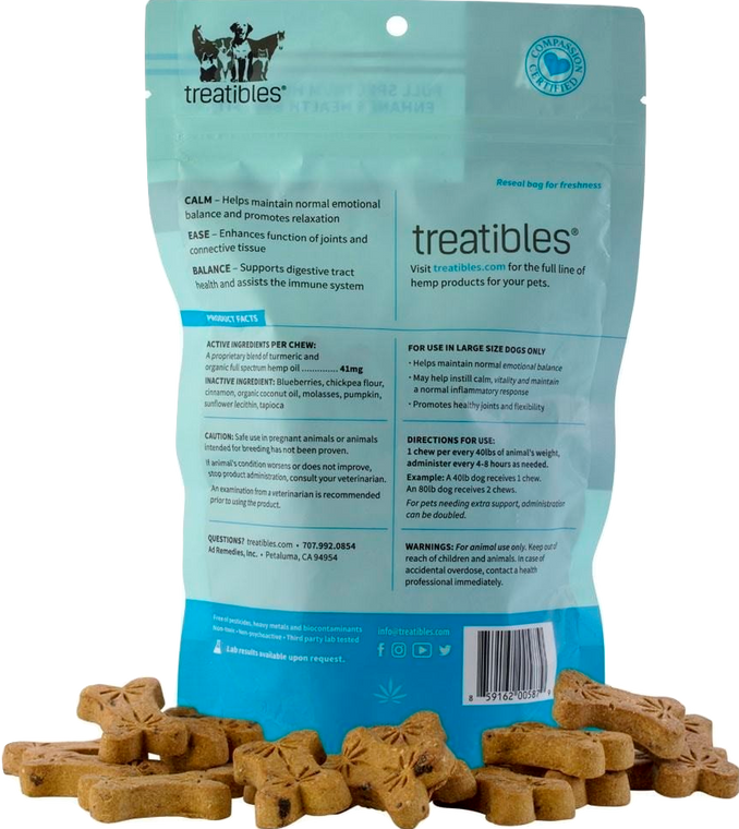 Treatibles: Grain Free Large Blueberry CBD Dog Chews (180mg)