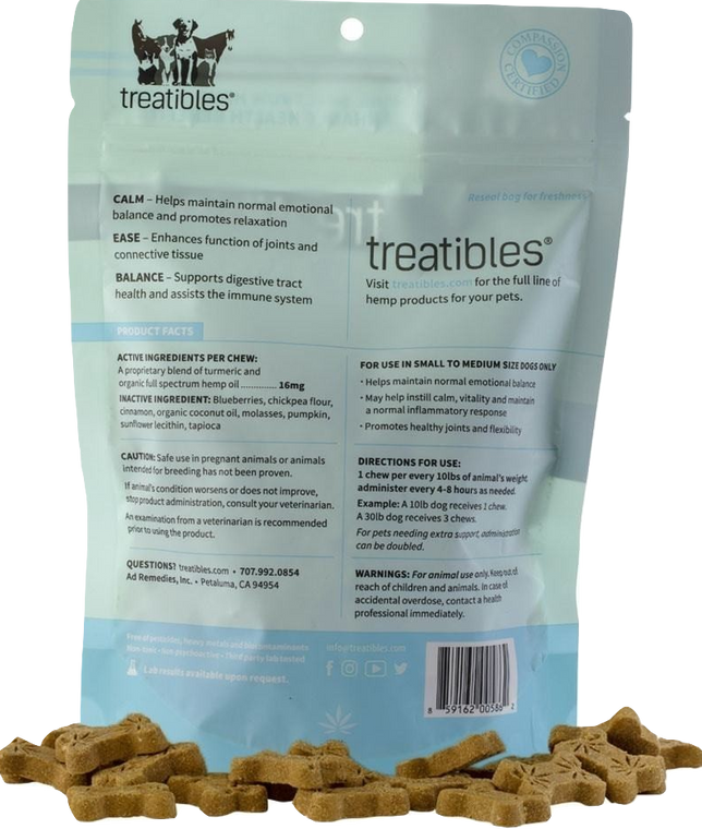 Treatibles: Grain Free Small Blueberry CBD Dog Chews (75mg) Case of 10