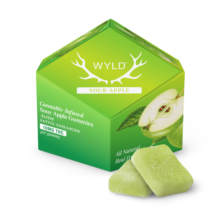 Wyld Sour Apple THC Sativa Gummies in a green box