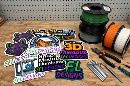 SFL Designs stickers piled on a workbench with filament spools