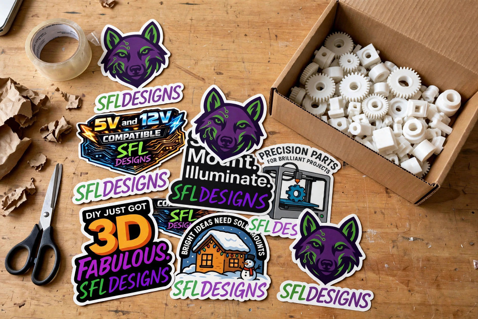 SFL Designs stickers on a packing table next to a shipping box