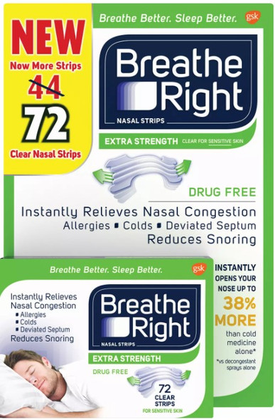 Breathe Right Nasal Strips to Stop Snoring, Drug-Free, Extra Clear (72 ct.)