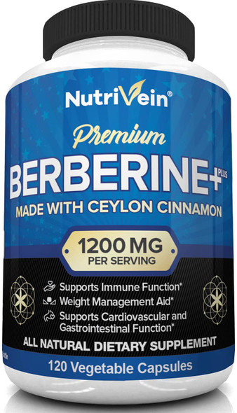 NUTRIVEIN Diabetic Support Berberine HCL Organic Cinnamon Capsules 1200mg 120cap 1pk *Email us for Pricing Access