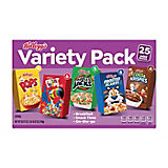Kellogg's Cold Breakfast Cereal Single Serve Kids Snacks Variety Pack, 25 pk.