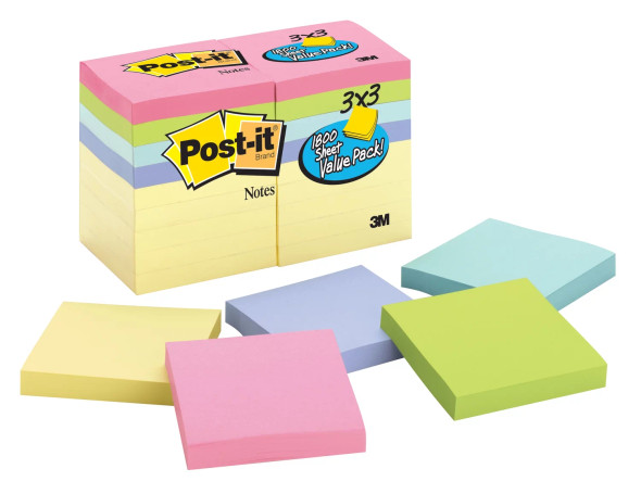 Post-it Notes, 3" x 3", 100 Sheets per Pad, 18 pk. - Pastel