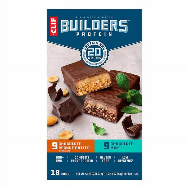 Clif Builders Chocolate Mint & Chocolate Peanut Butter Protein Bars Variety Pack, 18 ct./2.4 oz