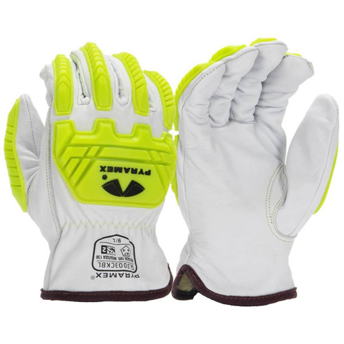 Pyramex GL3003CKB Premium Grain Goatskin Hi-Vis Leather Driver Para-Aramid A7 Cut Level 2 Impact Gloves
