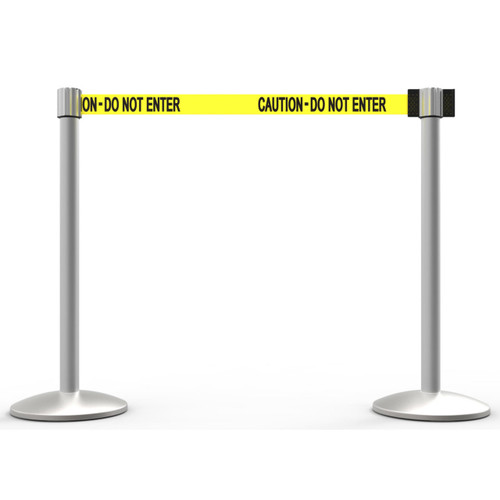 Banner Stakes 14' Retractable Belt Barrier System with Bases, Matte Posts and Yellow "Caution - Do Not Enter" Belts - AL6202M
