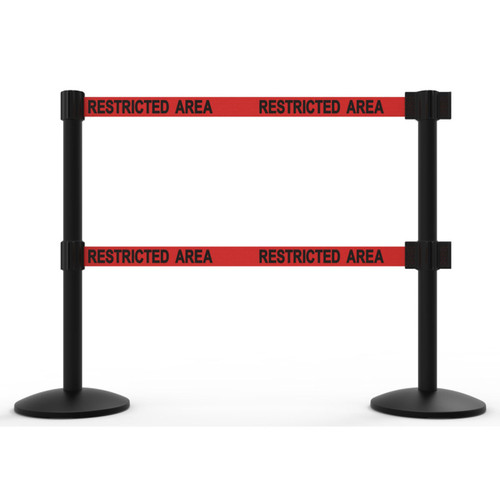 Banner Stakes 14' Dual Retractable Belt Barrier System with Bases, Black Posts and Red "Restricted Area" Belts - AL6205B-D