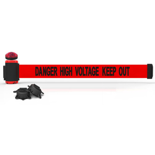 Banner Stakes 7' Wall-Mount Retractable Belt with Red Strobe Light, Red "Danger High Voltage Keep Out" - MH7009L
