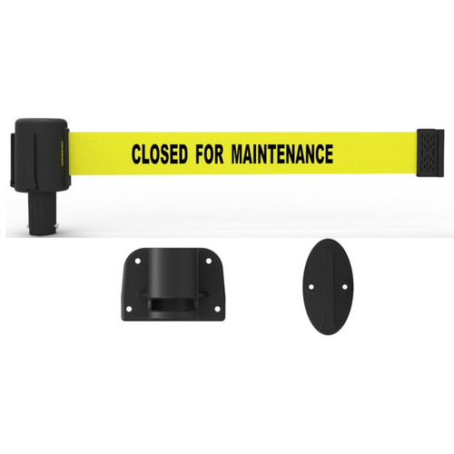 Banner Stakes 15' Wall-Mount Barrier System with Mounting Kit and Retractable Belt; Yellow "Closed for Maintenance" - PL4112