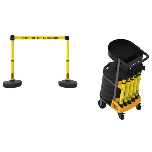 Banner Stakes 75' Barrier System with 1-Tray Cart, 5 Bases, Retractable Belts and Posts; Yellow "ATTENTION – ENTRÉE INTERDITE" - PL4144T