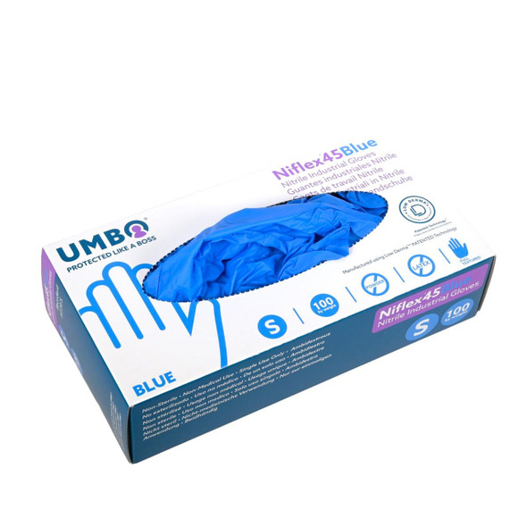 UMBO Niflex45 Blue Nitrile Disposable Gloves - 4.5 mil - H119 - Box of 100 (S, M, L, XL, 2XL)