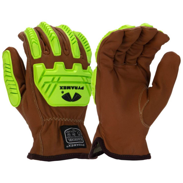 Pyramex GL3009CKB Premium Grain Goatskin Hi-Vis Leather Driver Para-Aramid A4 Cut Level 2 Impact Gloves
