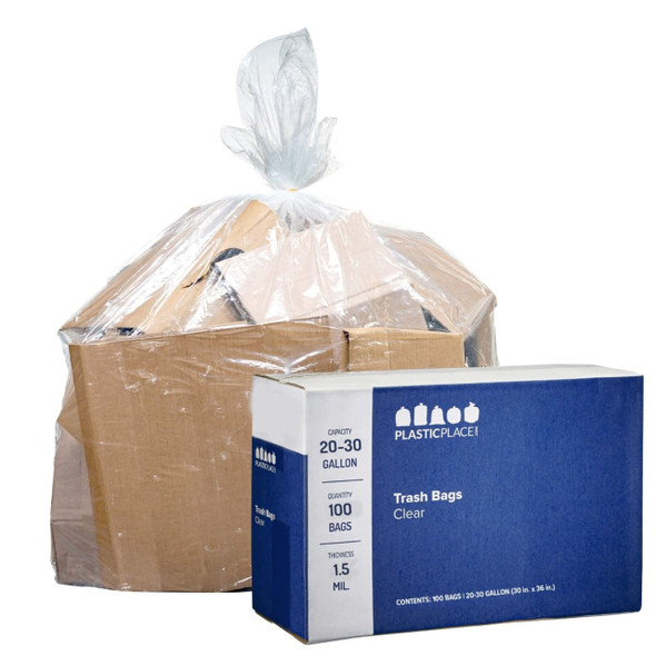 20-30 Gallon Trash Bags - Clear, 100 Bags (4 Rolls of 25) - 1.5 Mil