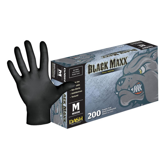 DASH Black Maxx Thin Nitrile Disposable Exam Grade Disposable Gloves, Black, 3 mil, Box of 200