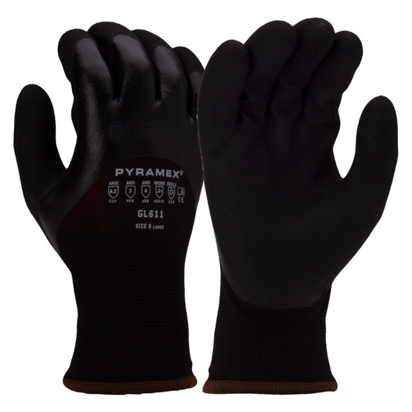 Pyramex GL611 Black Insulated A2 Cut Double Dipped Nitrile Coated Gloves - Single Pair