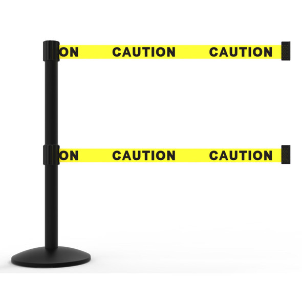 Banner Stakes 7' Dual Retractable Belt Barrier Set with Base, Black Post and Yellow "Caution" Belt - AL6101B-D