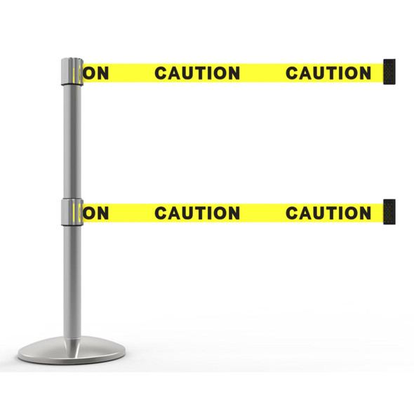 Banner Stakes 7' Dual Retractable Belt Barrier Set with Base, Chrome Post and Yellow "Caution" Belt - AL6101C-D