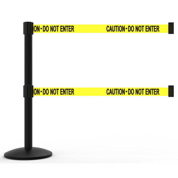 Banner Stakes 7' Dual Retractable Belt Barrier Set with Base, Black Post and Yellow "Caution - Do Not Enter" Belt - AL6102B-D