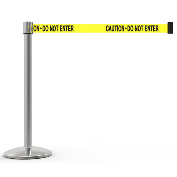 Banner Stakes 7' Retractable Belt Barrier Set with Base, Chrome Post and Yellow "Caution - Do Not Enter" Belt - AL6102C