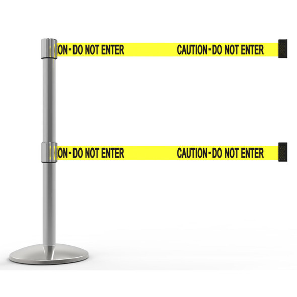 Banner Stakes 7' Dual Retractable Belt Barrier Set with Base, Chrome Post and Yellow "Caution - Do Not Enter" Belt - AL6102C-D