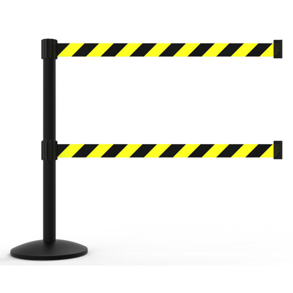 Banner Stakes 7' Dual Retractable Belt Barrier Set with Base, Black Post and Yellow/Black Diagonal Stripe Belt - AL6103B-D