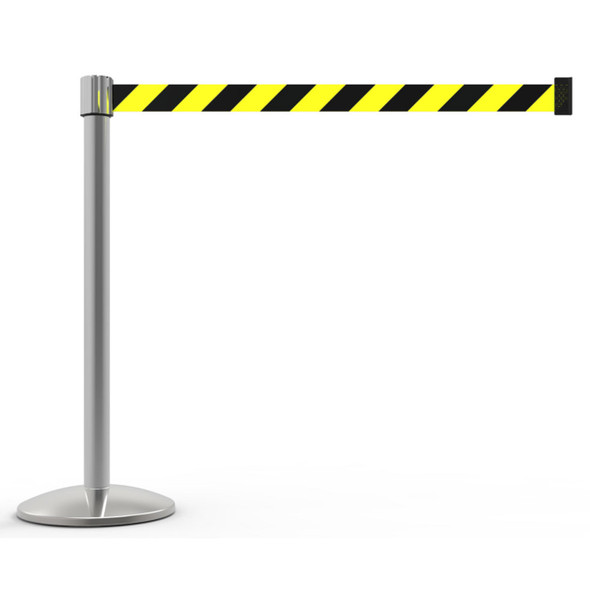 Banner Stakes 7' Retractable Belt Barrier Set with Base, Chrome Post and Yellow/Black Diagonal Stripe Belt - AL6103C
