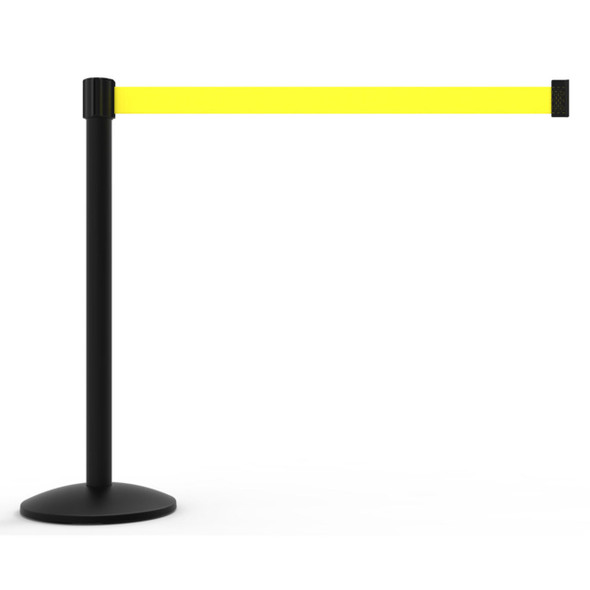 Banner Stakes 7' Retractable Belt Barrier Set with Base, Black Post and Blank Yellow Belt - AL6104B