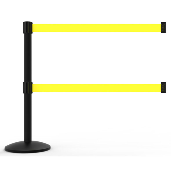 Banner Stakes 7' Dual Retractable Belt Barrier Set with Base, Black Post and Blank Yellow Belt - AL6104B-D