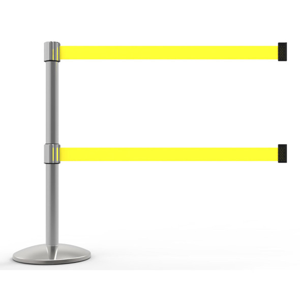Banner Stakes 7' Dual Retractable Belt Barrier Set with Base, Chrome Post and Blank Yellow Belt - AL6104C-D