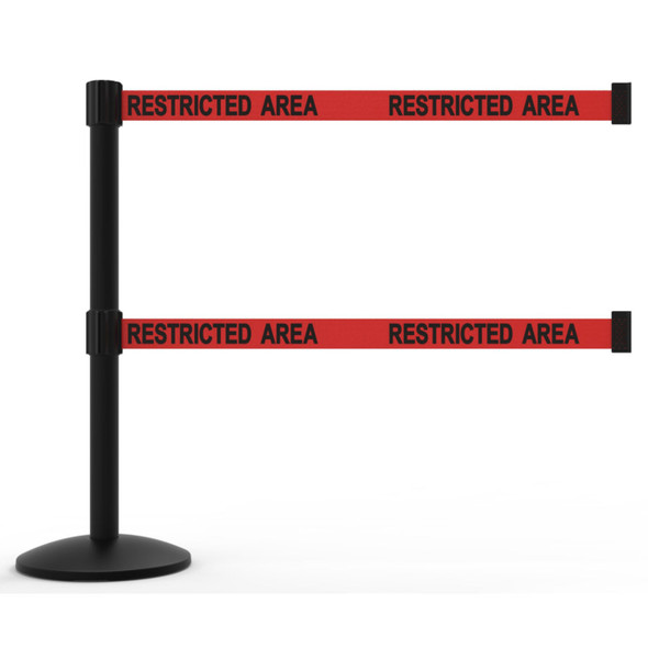 Banner Stakes 7' Dual Retractable Belt Barrier Set with Base, Black Post and Red "Restricted Area" Belt - AL6105B-D