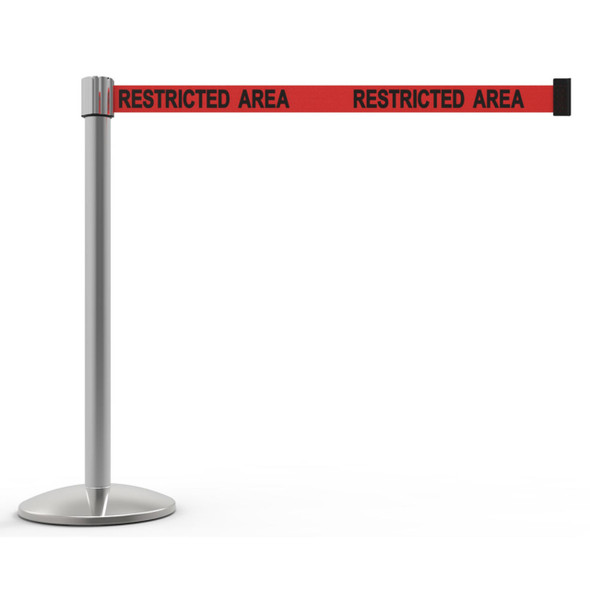 Banner Stakes 7' Retractable Belt Barrier Set with Base, Chrome Post and Red "Restricted Area" Belt - AL6105C