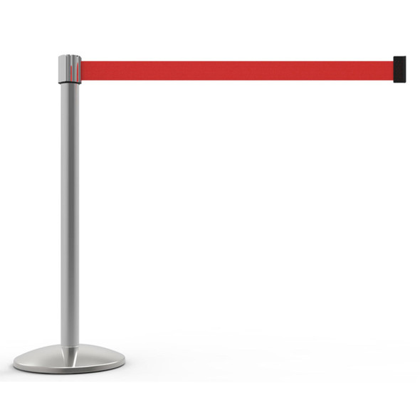 Banner Stakes 7' Retractable Belt Barrier Set with Base, Chrome Post and Blank Red Belt - AL6107C