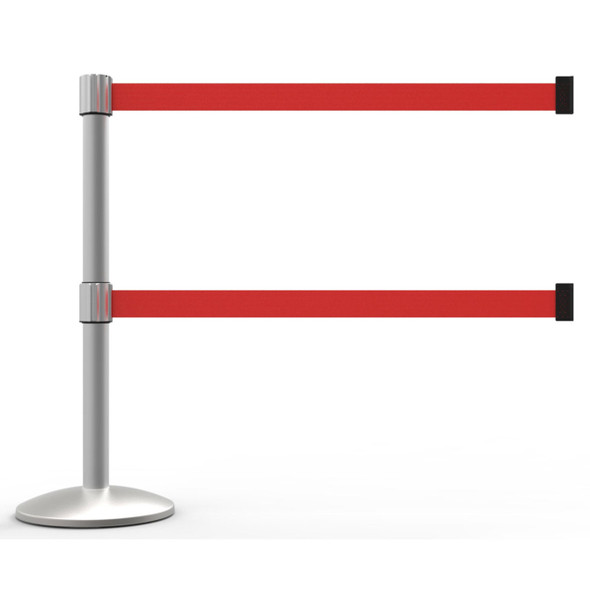 Banner Stakes 7' Dual Retractable Belt Barrier Set with Base, Matte Post and Blank Red Belt - AL6107M-D