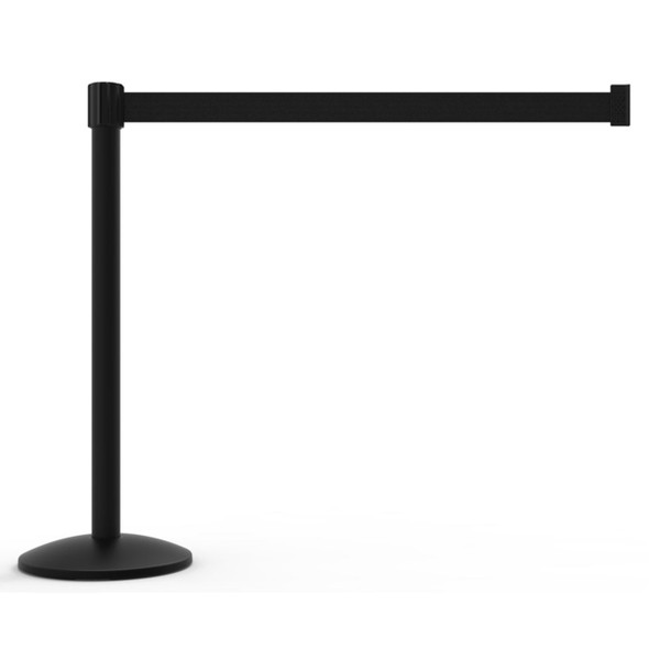 Banner Stakes 7' Retractable Belt Barrier Set with Base, Black Post and Blank Black Belt - AL6108B