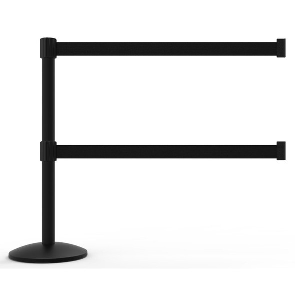 Banner Stakes 7' Dual Retractable Belt Barrier Set with Base, Black Post and Blank Black Belt - AL6108B-D