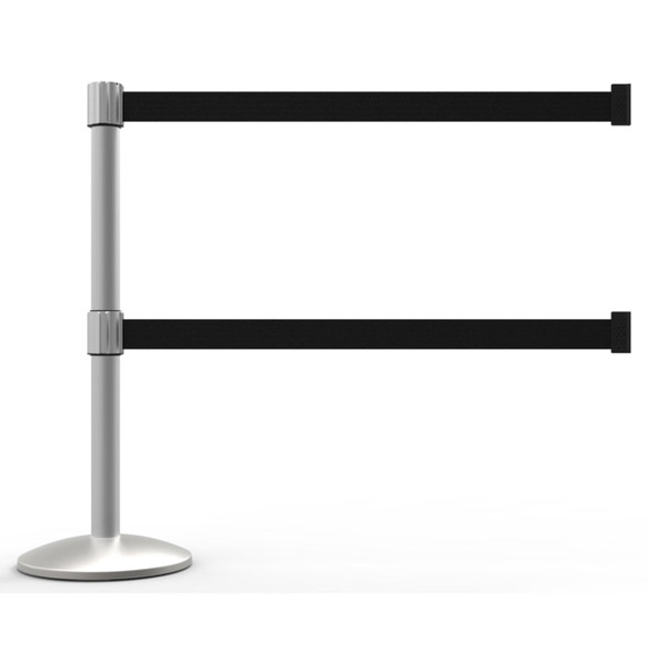 Banner Stakes 7' Dual Retractable Belt Barrier Set with Base, Matte Post and Blank Black Belt - AL6108M-D