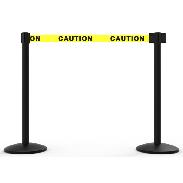 Banner Stakes 14' Retractable Belt Barrier System with Bases, Black Posts and Yellow "Caution" Belts - AL6201B