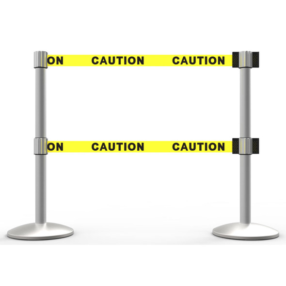 Banner Stakes 14' Dual Retractable Belt Barrier System with Bases, Matte Posts and Yellow "Caution" Belts - AL6201M-D