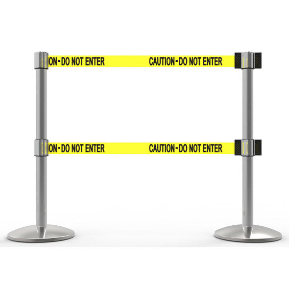 Banner Stakes 14' Dual Retractable Belt Barrier System with Bases, Chrome Posts and Yellow "Caution - Do Not Enter" Belts - AL6202C-D