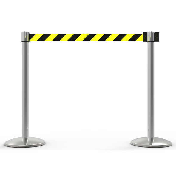 Banner Stakes 14' Retractable Belt Barrier System with Bases, Chrome Posts and Yellow/Black Diagonal Stripe Belts - AL6203C