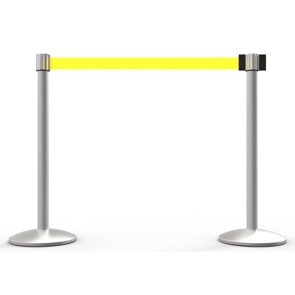 Banner Stakes 14' Retractable Belt Barrier System with Bases, Matte Posts and Blank Yellow Belts - AL6204M