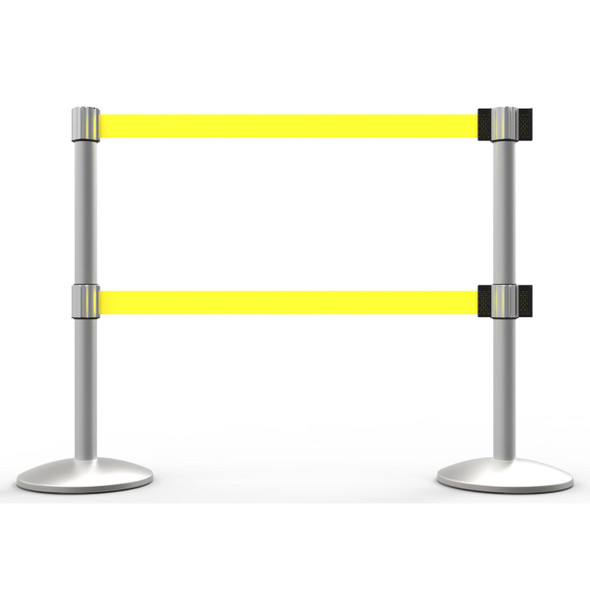 Banner Stakes 14' Dual Retractable Belt Barrier System with Bases, Matte Posts and Blank Yellow Belts - AL6204M-D