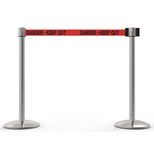 Banner Stakes 14' Retractable Belt Barrier System with Bases, Chrome Posts and Red "Danger - Keep Out" Belts - AL6206C