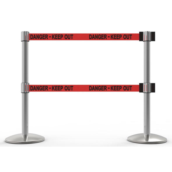 Banner Stakes 14' Dual Retractable Belt Barrier System with Bases, Chrome Posts and Red "Danger - Keep Out" Belts - AL6206C-D